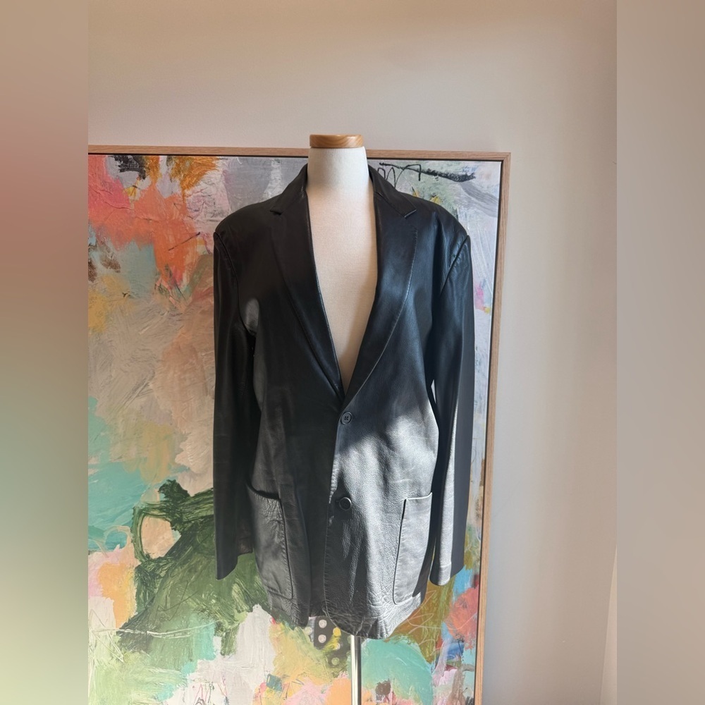 Calvin Klein Black Genuine Leather Blazer Jacket Women’s Lined Career Classic